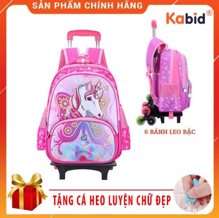 Balo kéo 6 bánh tiểu học leo bậc nổi 3D mặt bóng chống bám bẩn Kabid + Tặng cá heo viết chữ đẹp
