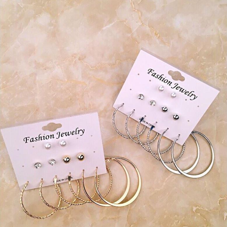 Set 06 đôi khuyên tai tròn đủ kích cỡ ánh vàng và ánh bạc i17