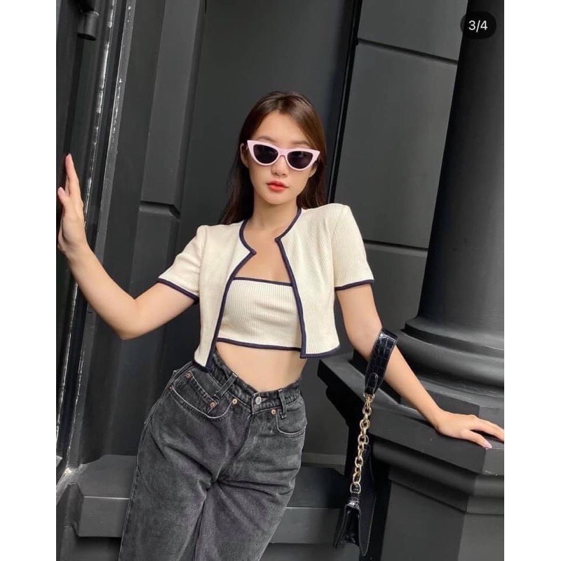 Set 2 món nữ croptop áo gân viền+ áo ống lót
