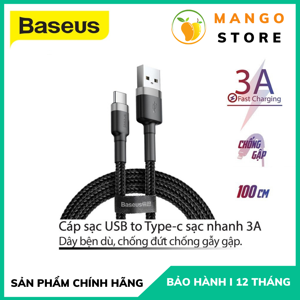 Cáp sạc nhanh Type-C Baseus Cafule QC 3.0 Cho các dòng điện thoại Android, Dây bọc dù siêu bền Dài 1M/2M
