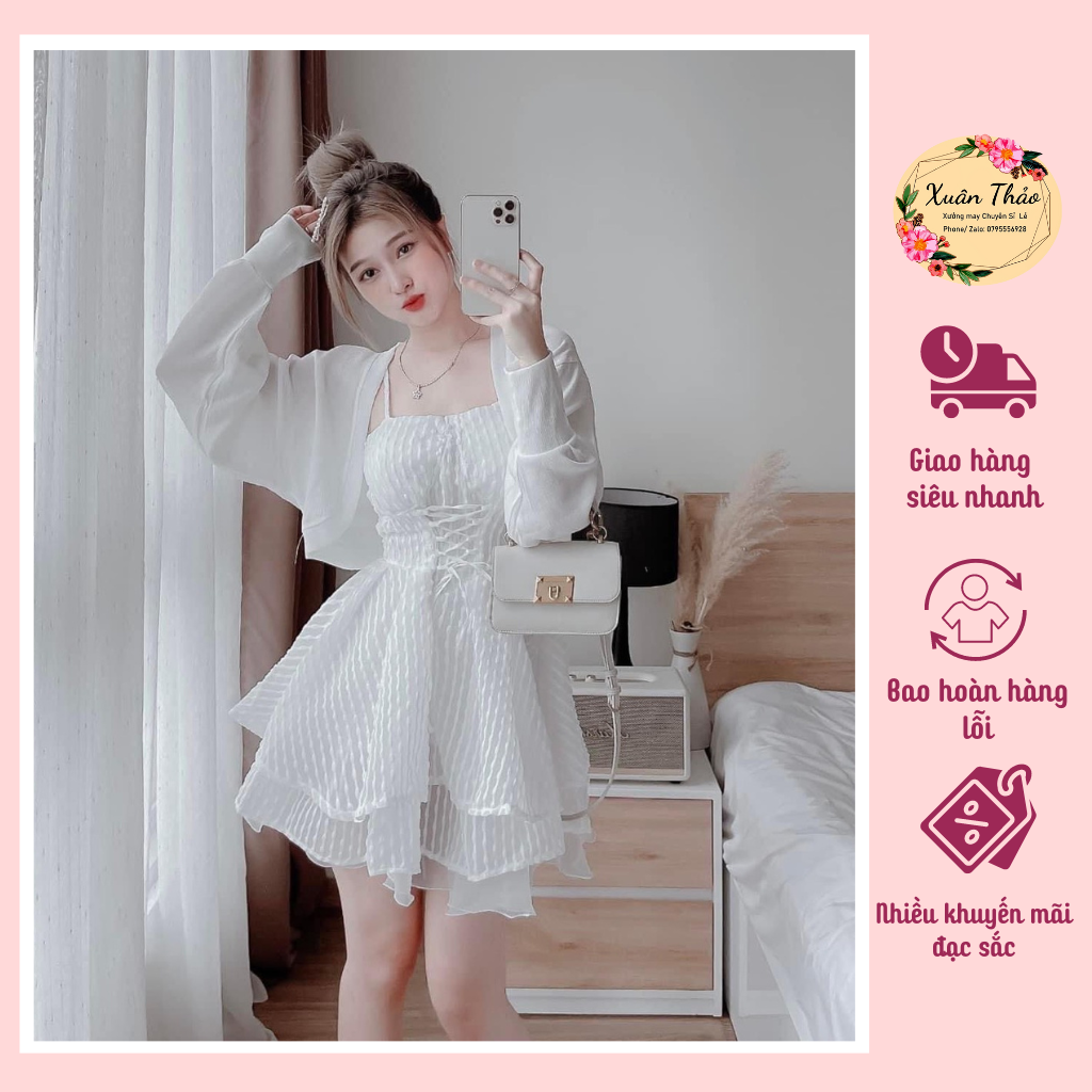 Set đầm nữ 2 dây kèm áo khoác, đầm nữ dáng xòe sang trọng dự tiệc, mã số a137