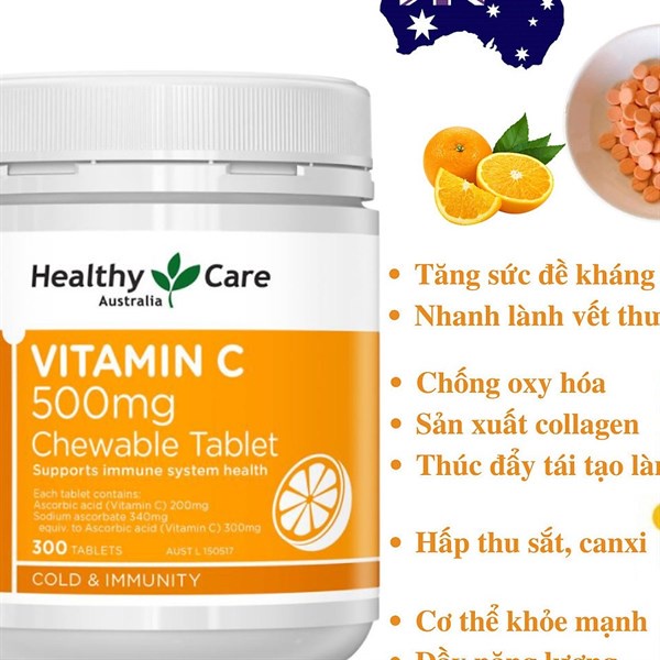 Thực phẩm chức năng Viên nhai Healthy Care Vitamin C 500mg hộp 500 viên Úc