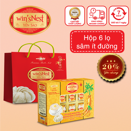 (Hộp quà) Yến sào wins'Nest nguyên chất nhân sâm ít đường 20% hộp 6 lọ (có kèm túi xách)