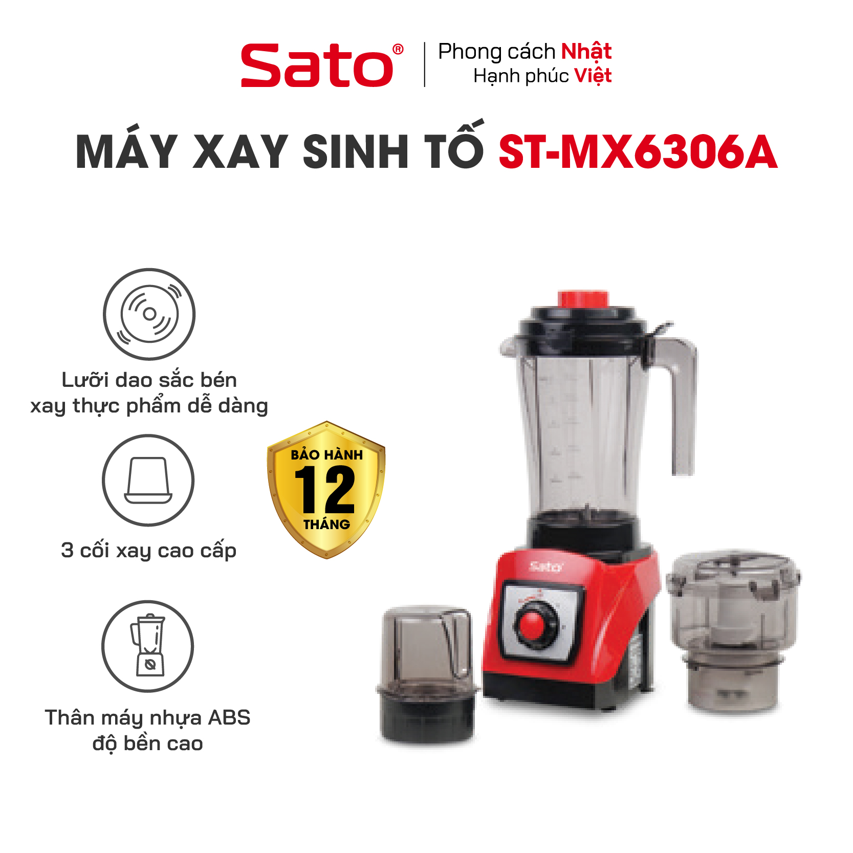 Máy xay sinh tố đa năng 3 cối 1.2l sato mx6306a