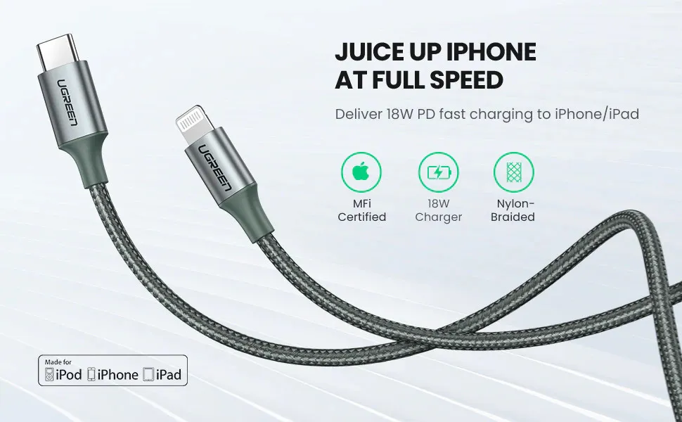 Cáp sạc usb c sang lightning pd20w ugreen us304 chuẩn mfi | sạc nhanh cho iphone 14 13 12 pro max | tốc độ truyền 480mbps