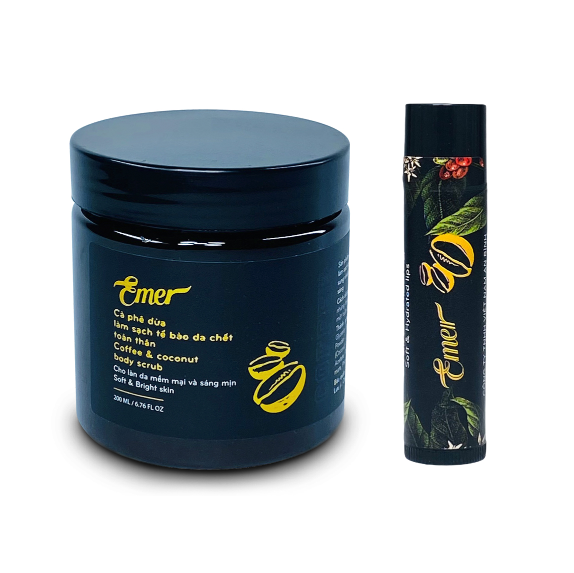 SET Cà phê dừa tẩy da chết body và son tẩy tế bào chết môi Emer giúp làm sạch các vùng da chết trên cơ thể