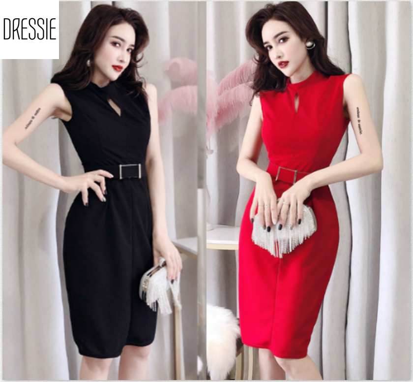 Đầm dự tiệc đẹp váy nữ áo đầm đẹp đầm ôm body cao cấp DRESSIE sexy thời trang nữ đẹp công sở dạo phố dự tiệc quần áo nữ xinh xắn váy đầm dự tiệc sang trọng trẻ trung - Kèm Belt thắt Lưng - DB118 (Đen Trắng Đỏ) – Kèm hình ảnh thật
