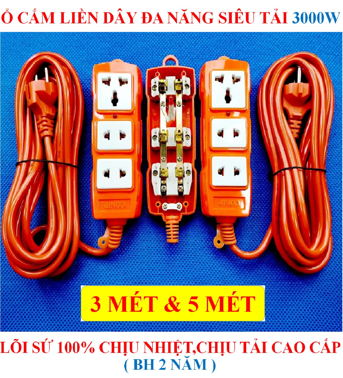 Ổ cắm điện liền dây ĐA NĂNG CHỊU TẢI CAO 3000W + BH 2 NĂM + Dây dài 3/5 Mét + 3 Ổ cắm đa năng lÕI SỨ chịu nhiệt, chịu tải + Lò xo nhíp chống giãn đàn hồi HÀNG LOẠI 1 cao cấp (bộ 01 sản phẩm)