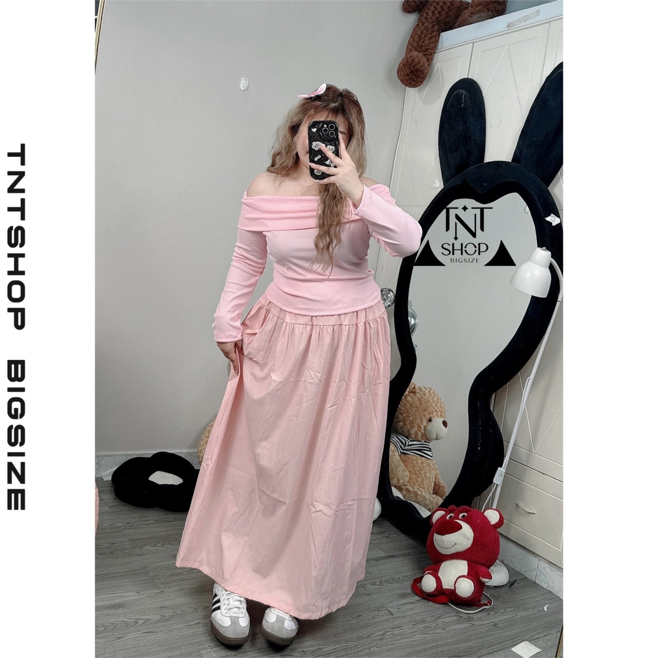 Set áo trễ vai tay dài chân váy midi