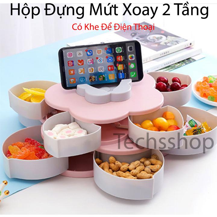 Khay đựng mứt kẹo tự xoay hình cánh hoa 10 ngăn - Hộp đựng bánh mứt cánh hoa sen 2 tầng - Hộp đựng bánh kẹo - Có giá đỡ điện thoại - Khay đựng bánh mứt xuân 2023