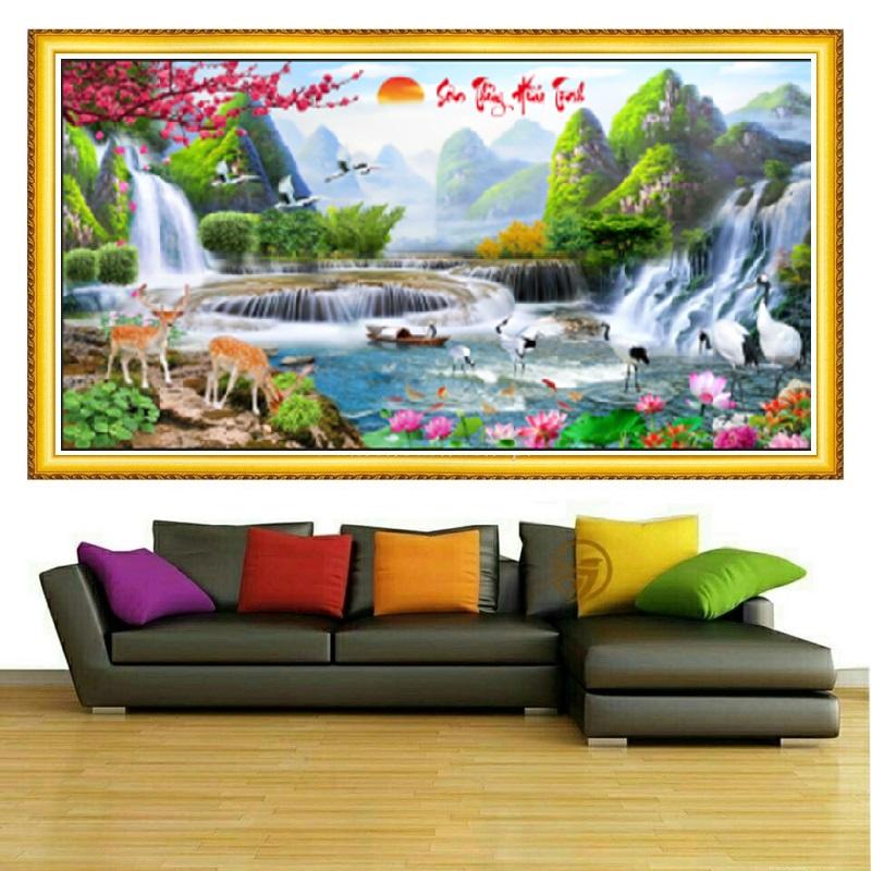 Tranh đính đá Phong cảnh Sơn thủy hữu tình khổ lớn KT 220*110cm  (Tranh Tự Đính)