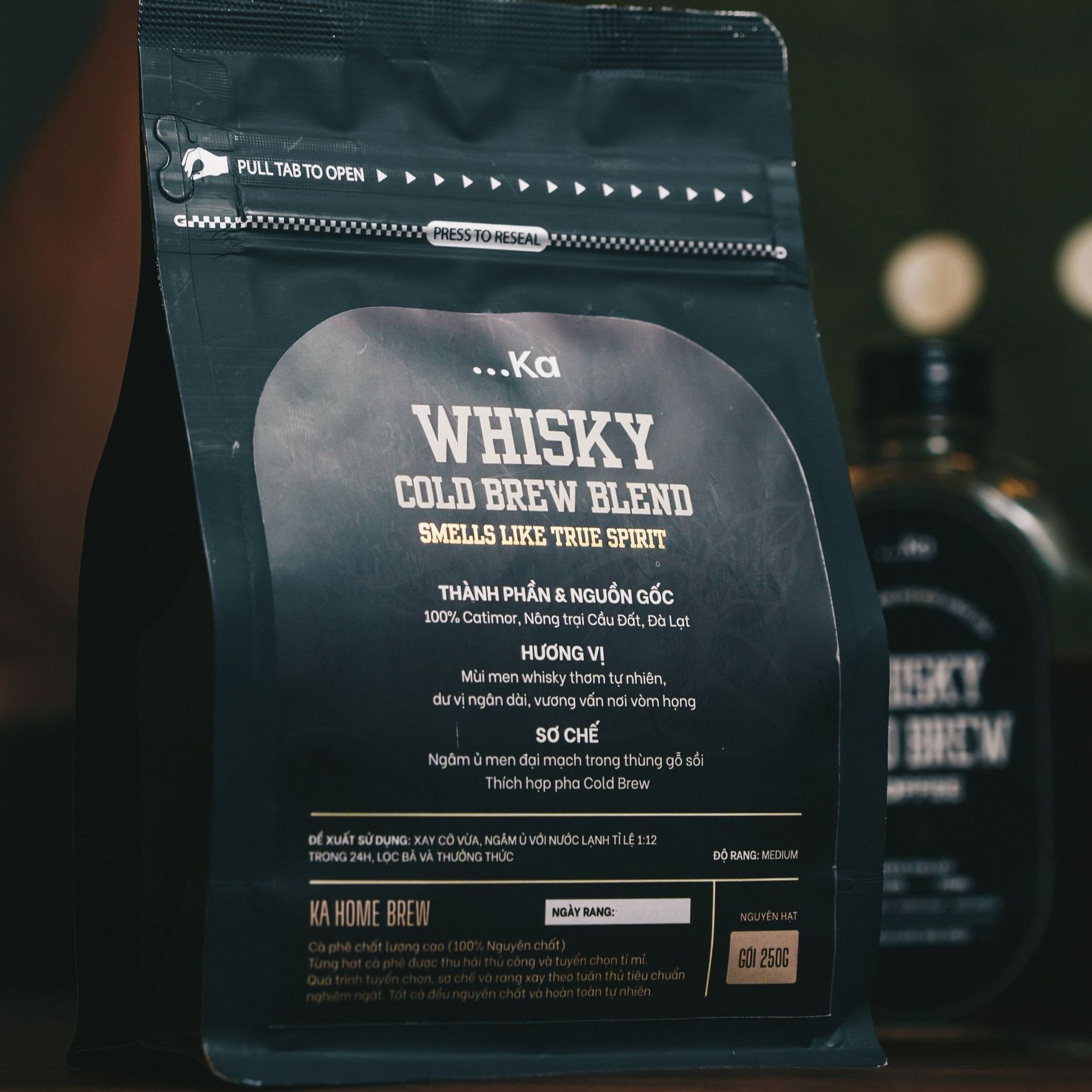 Cà phê rang xay nguyên chất WHI$KY Cold brew, Cà phê Arabica Cầu Đất ủ men đại mạch hương Whi$ky gói 250g - KaHomebrew