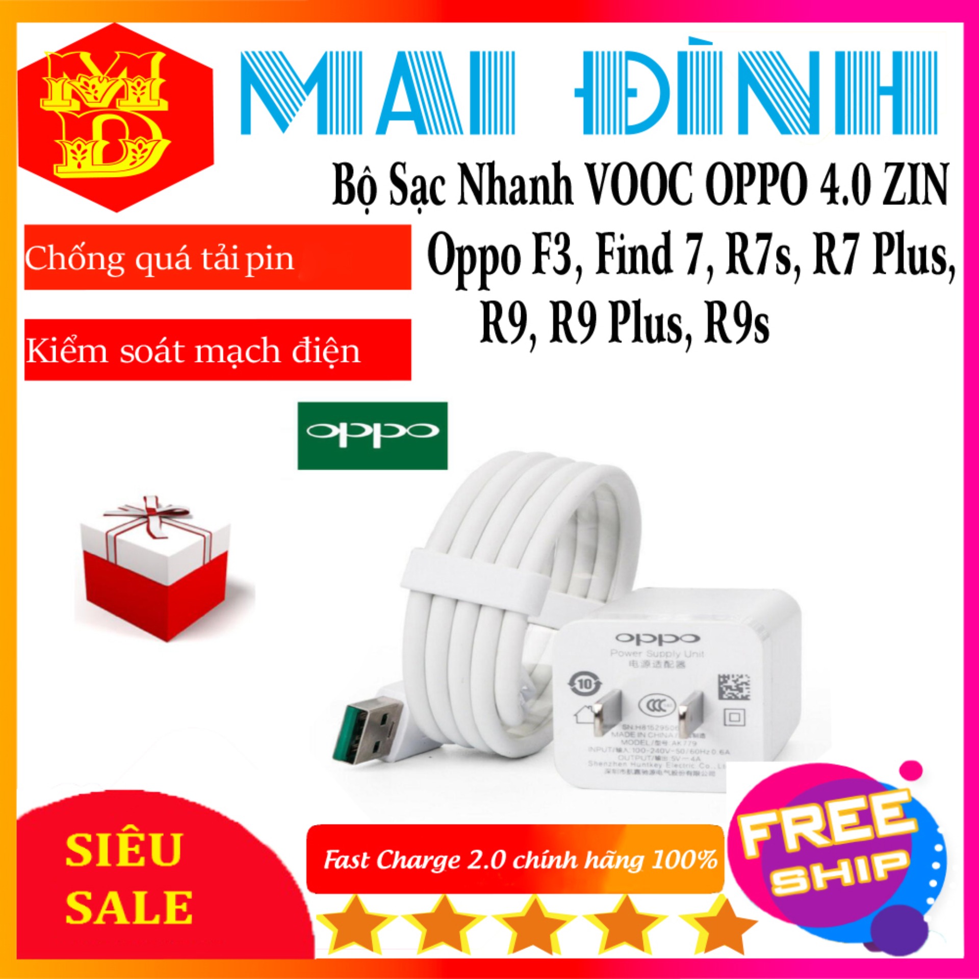 [HCM]Bộ Sạc Thương Hiệu Mai Đình Zin Nhanh VOOC OPPO 4.0 - AK779 Dung Cho Cac Dong ĐT Oppo F3 Find 7 R7s R7 Plus R9 R9 Plus R9s