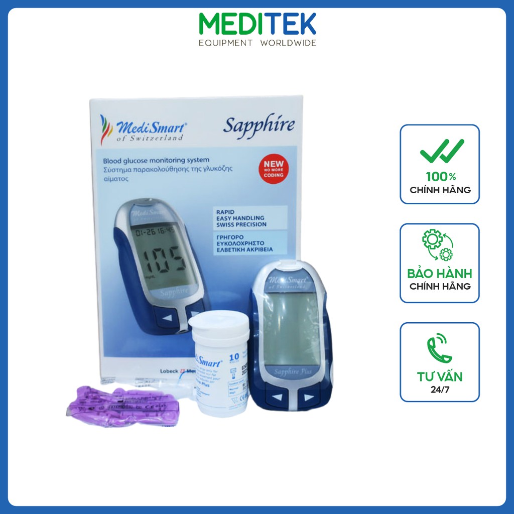 Máy đo đường huyết Nhật Bản MEDISMART SAPPHIRE PLUS, Nhập khẩu Thụy Sĩ