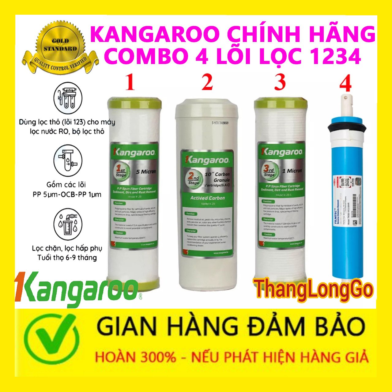 COMBO 4 LÕI LỌC NƯỚC KANGAROO SỐ 1 2 3 4 | GỒM BỘ LỌC 123 - RO DUPONT MỸ