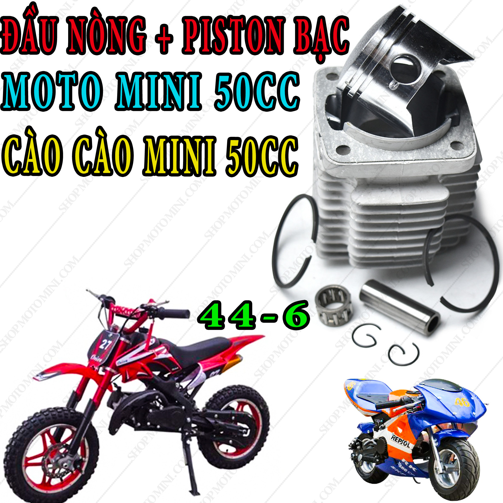 Đầu nòng pitttong bạc moto mini 50cc | bộ hơi xe cào cào mini 49cc | Bộ hơi đầu nòng piston bạc