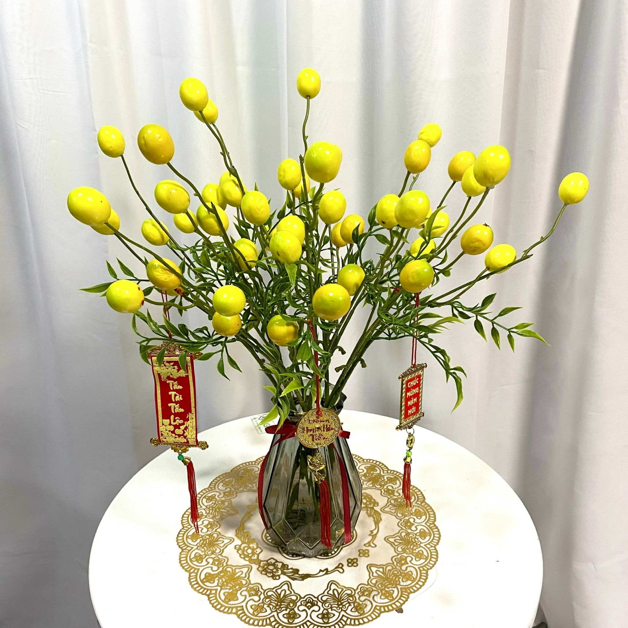Cây giả các loại: quả đỏ cherry, đào đông, Lựu, chanh, quất, cam ngọt, cắm hoa trang trí