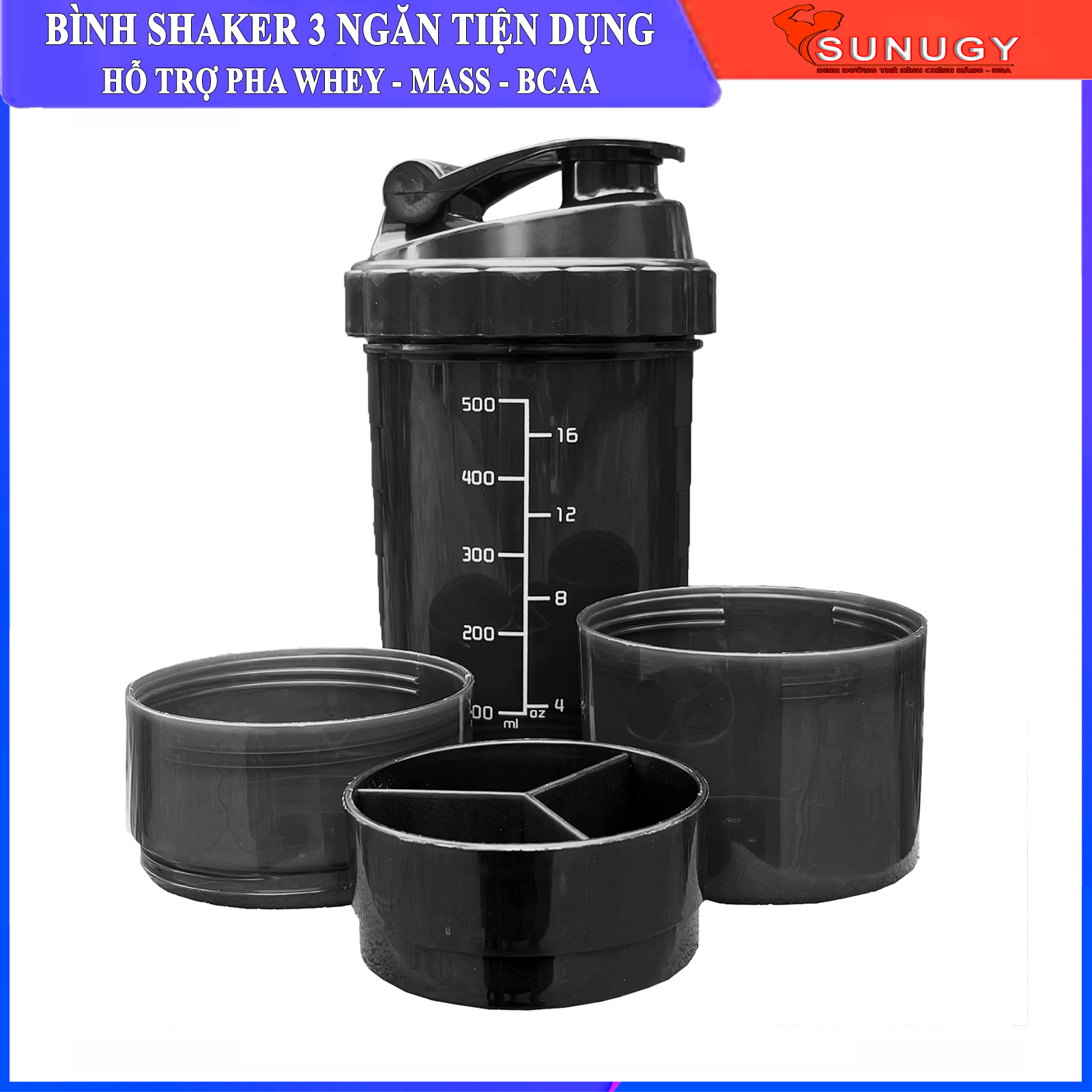 Bình lắc shaker 3 ngăn pha sữa cho người tập Gym - Bình đựng nước có nhiều ngăn tiện dụng 500ml - Màu đen nắp đen