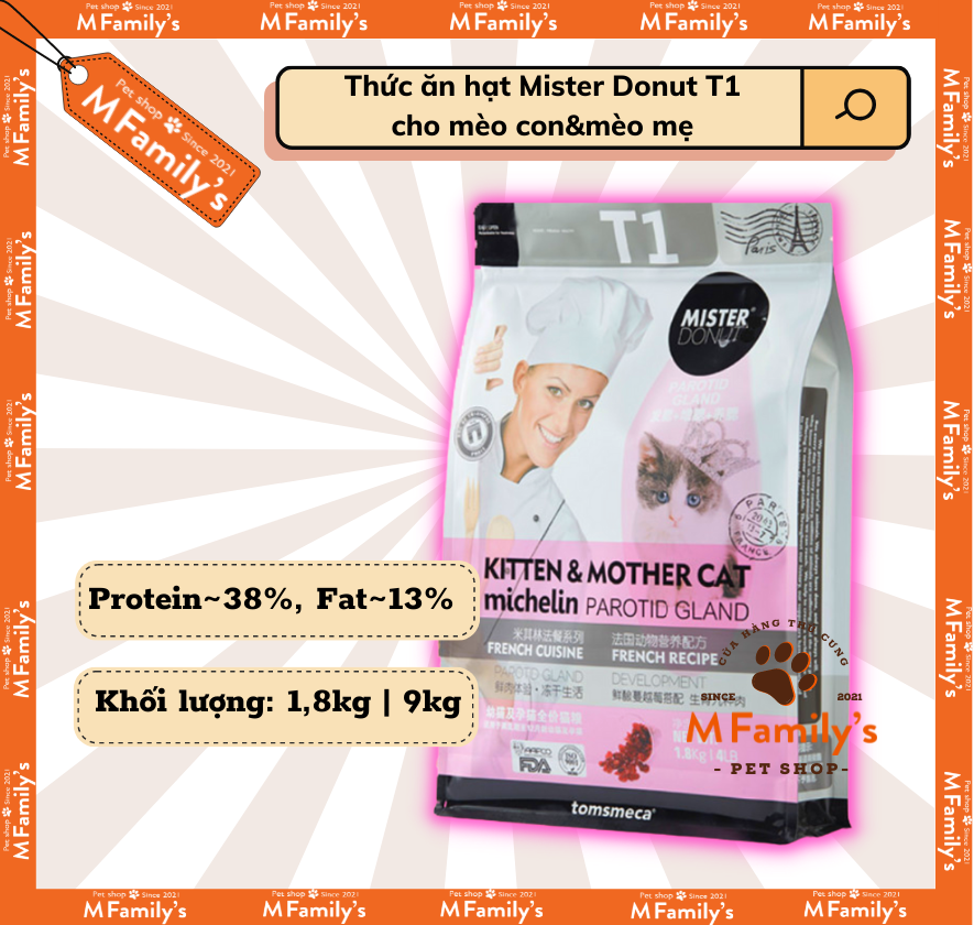 Thức ăn hạt cho mèo mister donut t1 kitten & mother 1,8kg - thức ăn cho mèo con và mèo mẹ