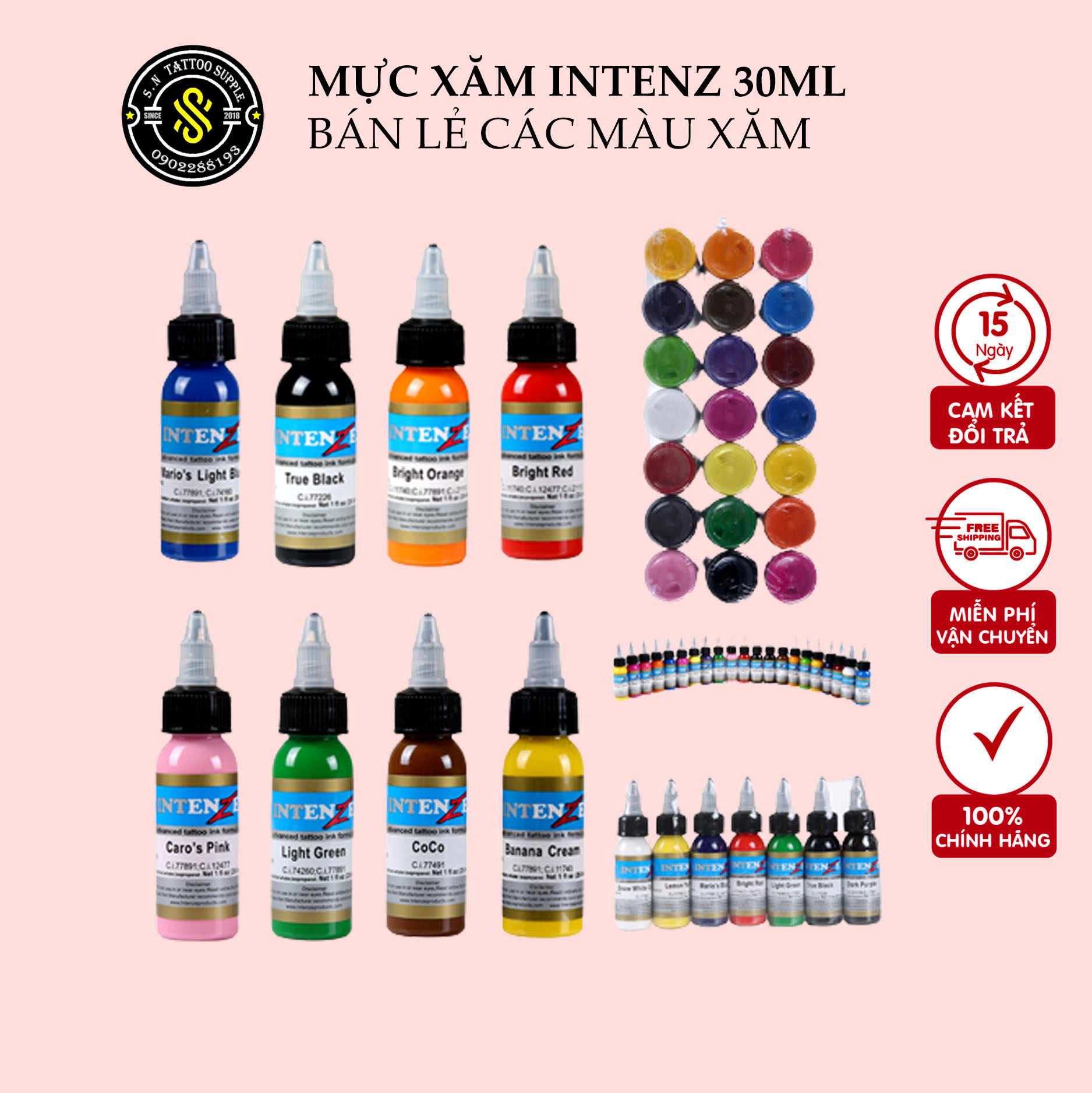 Set màu mực xăm intenz 💗freeship💗 mực xăm giá rẻ mini - da tập xăm 30ml