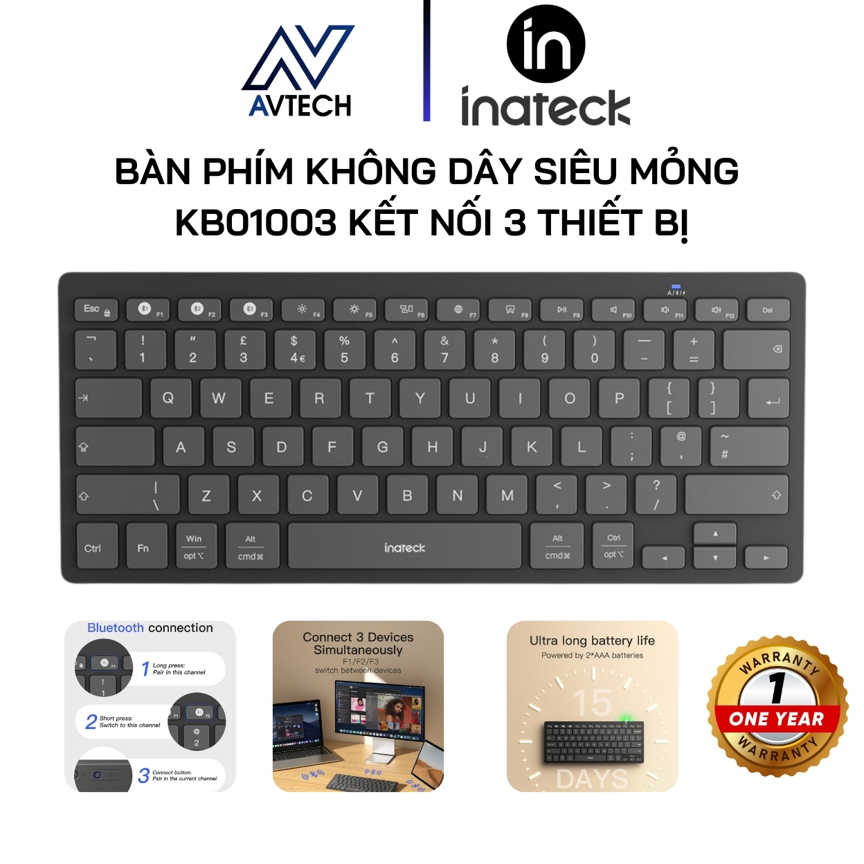 Bàn Phím Bluetooth Không Dây Inateck KB01003, Siêu Mỏng, Gọn Nhẹ, Kết Nối 3 Thiết Bị