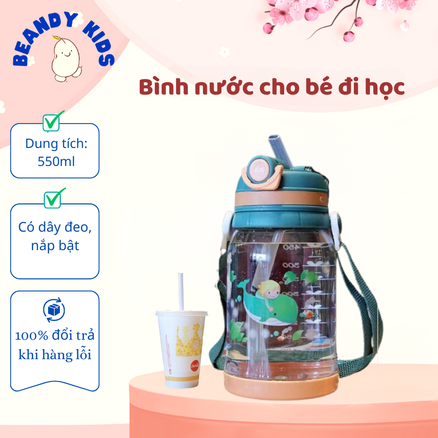 Bình nước cho bé đi học bình tập uống nước 550ml cute có dây đeo nắp bật ống hút mềm cao cấp BN03 Beandy Kids