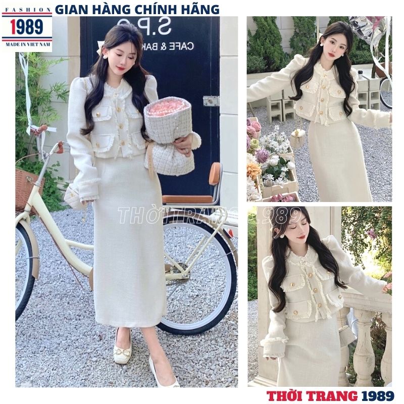 Áo khoác dạ tiểu thư viền chỉ tua rua phối chân váy midi xẻ sau cá tính Set dạ tweed trắng đi chơi đi làm cực xinh Set váy thời trang dạo phố cực xinh THỜI TRANG 1989