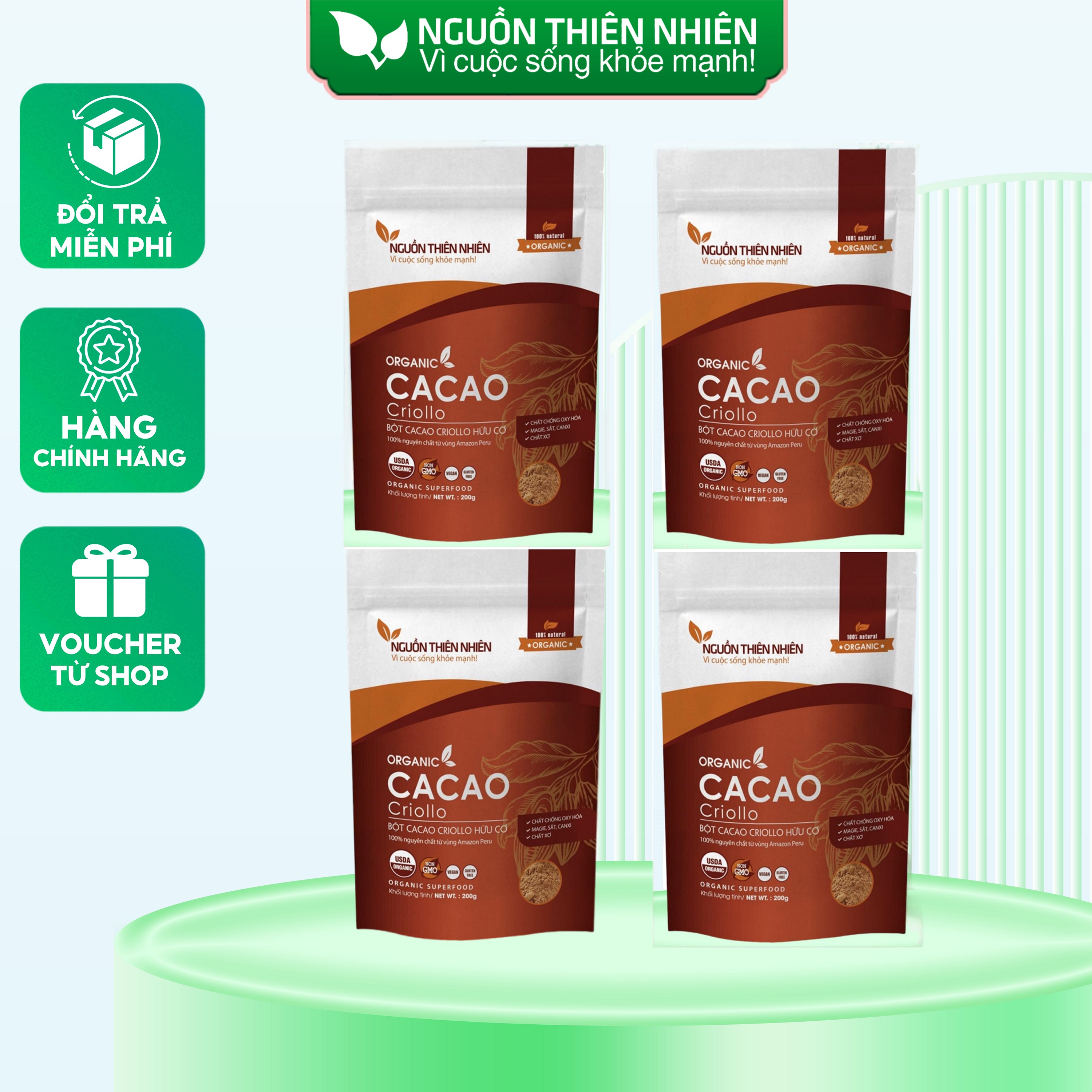 Combo 4 Túi Bột Cacao Peru Criollo Hữu Cơ không đường 200g Nguồn Thiên Nhiên