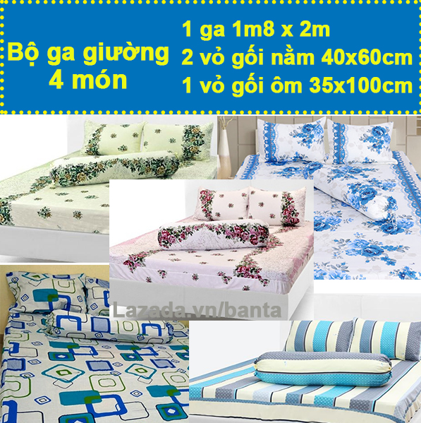Bộ ga nệm 4 món gồm 1 drap 1m8x2m, 2 vỏ gối nằm 40x60cm, 1 vỏ gối ôm 35x100cm (Giao mẫu ngẫu nhiên)