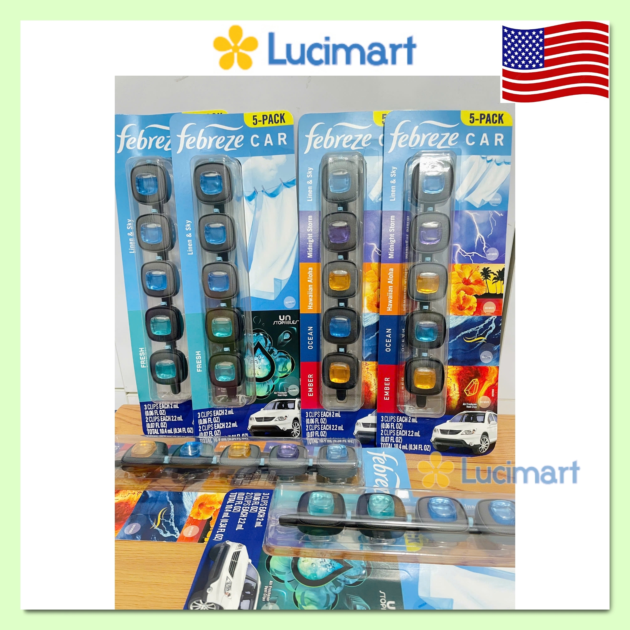 Vỉ 5 lọ nước hoa ô tô nước hoa xe hơi từ USA Febreze Air Freshener Car Vent Clips
