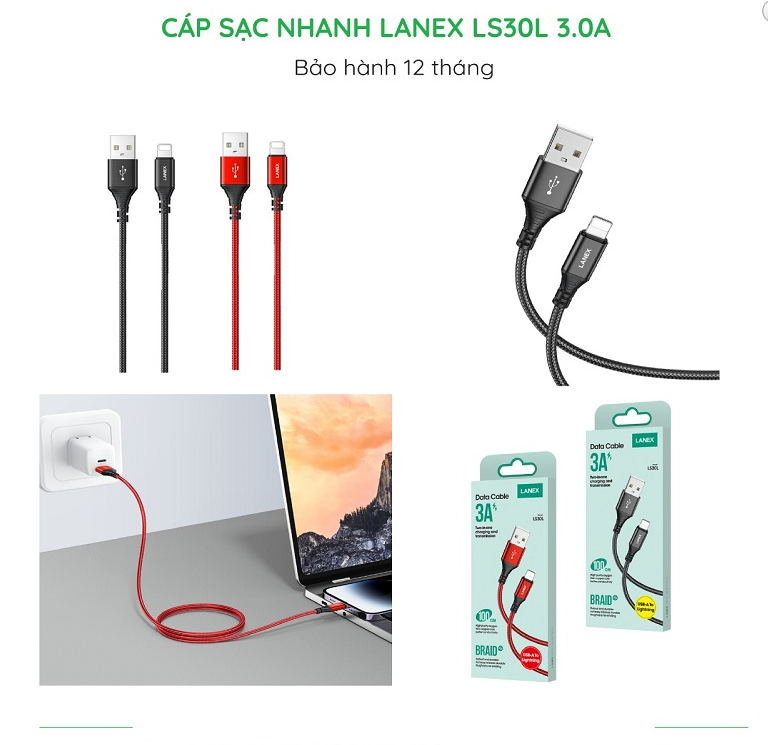 Cáp Sạc Nhanh Dây Dù Lighning 3.0 A Lanex LS30L - Dây dài 1m