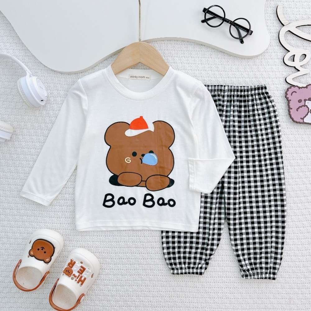 Bộ Dài tay cho bé trai và bé gái (9-26kg) 💖Chất thun lạnh mềm mát quần caro Xinh Xắn - KungXiuShop Cam Đất GấuCaro,130 (19-21kg)