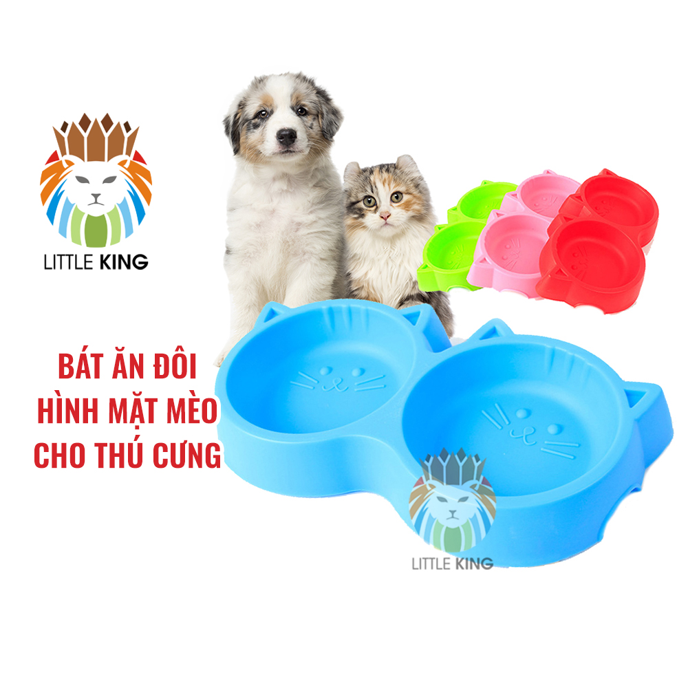 Bát ăn đôi cho chó mèo, thú cưng hình mặt mèo cute chất liệu nhựa PP nhiều màu sắc Little King pet shop