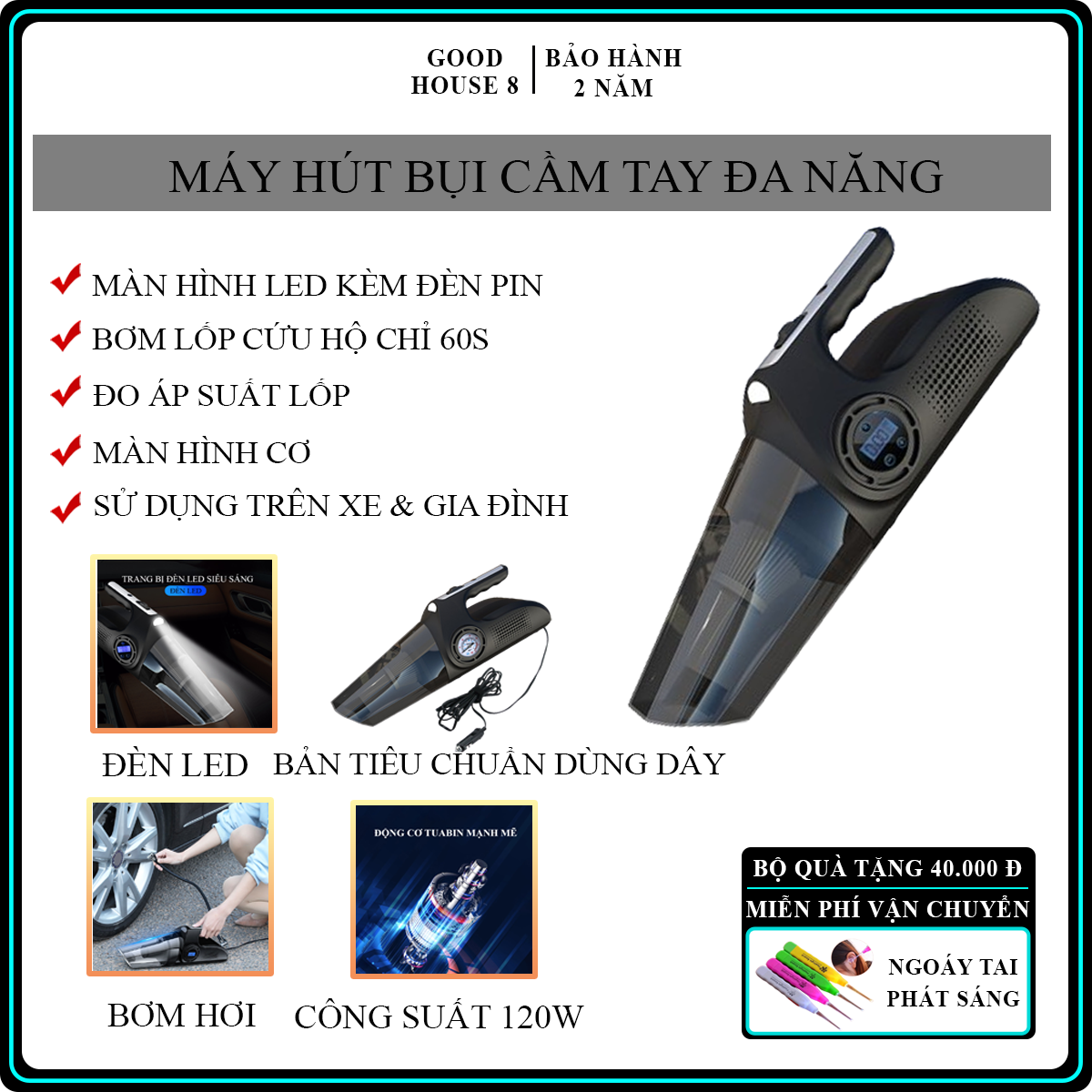 Máy hút bụi cầm tay máy hút bụi ô tô đa năng 4 trong 1, hút bụi gia đình, ô tô, bơm lốp xe, kiểm tra áp suất lốp kèm đèn pin tiện ích, bh 2 năm.