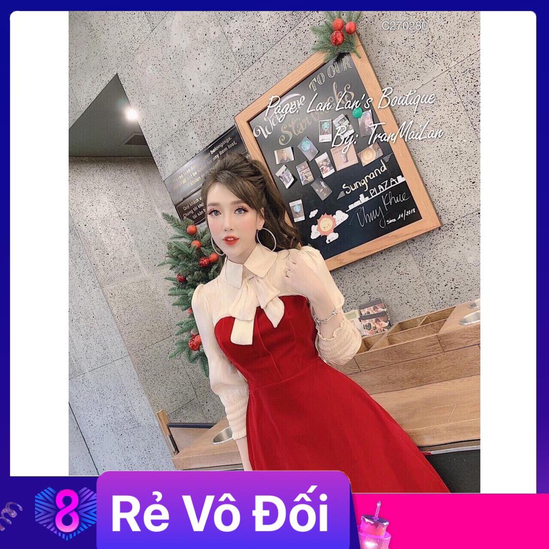 Đầm nữ tiểu thư cột nơ chất kate lụa phối voan cát 1 màu đỏ kèm hình thật