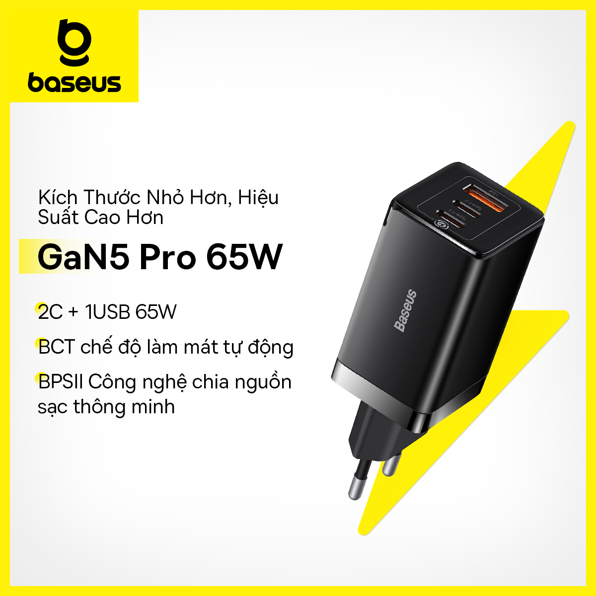 Củ sạc nhanh BASEUS  GaN5 Pro 65W (2 đầu C+USB) dành cho iPhone 13 12 Samsung Macbook Pro