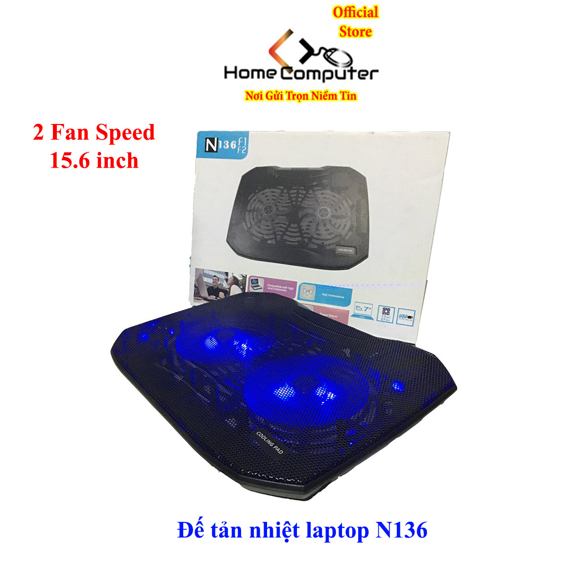Quạt tản nhiệt laptop N136, Thiết kế 2 quạt lớn, làm mát nhanh, cỡ 15.6 inch