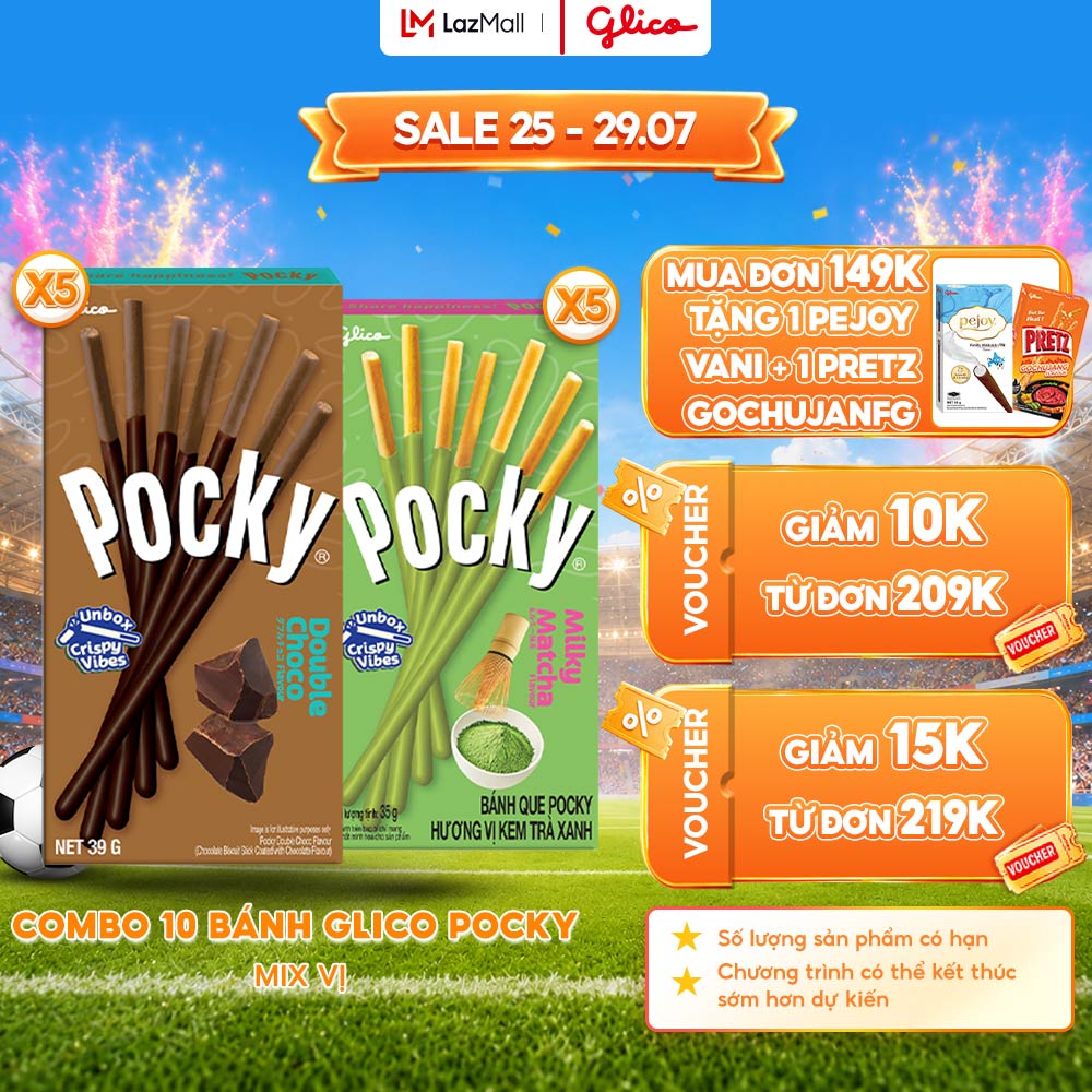 Combo 10 Hộp Bánh Que Phủ Kem Mix 2 Vị Nhân Đôi Socola Matcha Glico Pocky Happy Set J (5 Double Choco 5 Matcha)