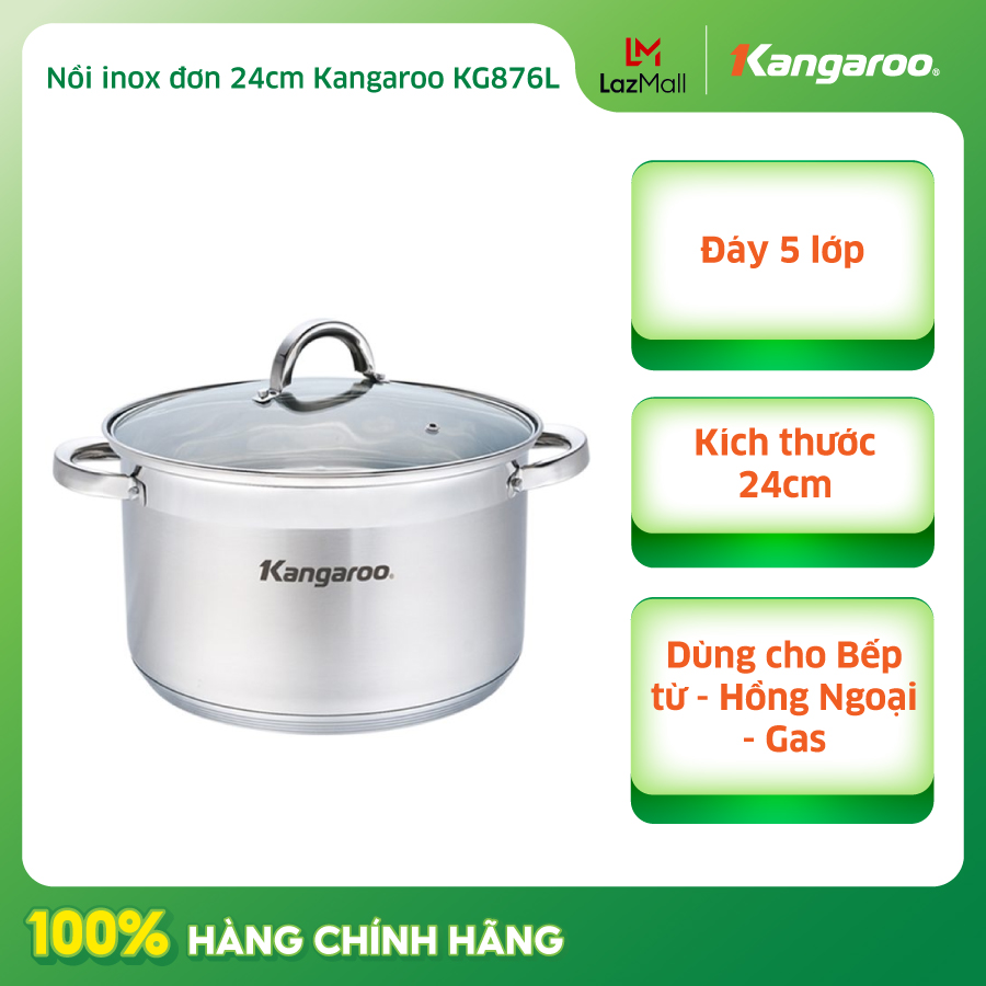 Nồi inox đơn 24cm kangaroo kg876l - đáy 5 lớp - hàng chính hãng