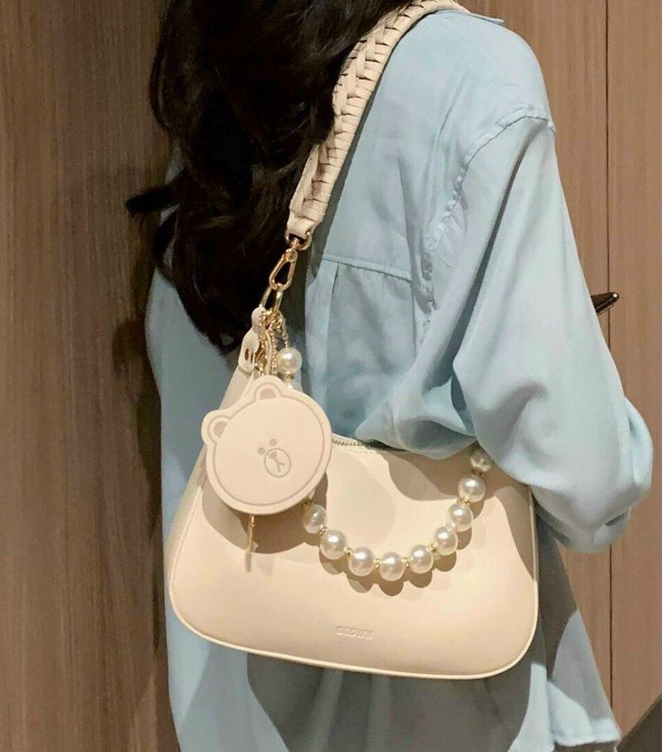 Túi kẹp nách, túi đeo vai nữ quai ngọc set 2 món kèm ví gấu xinh lm 11