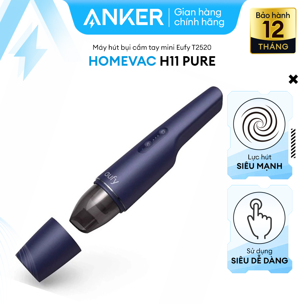 Máy hút bụi mini cầm tay không dây EUFY HomeVac H11 Pure (by Anker) có chức năng Ozone - T2520 - Lực hút mạnh đến 5500Pa, kích thước nhỏ gọn chỉ 0.58kg và có thể sạc lại bằng cổng USB