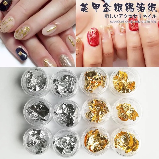 Set giấy nhún vàng bạc trang trí móng 12 hũ