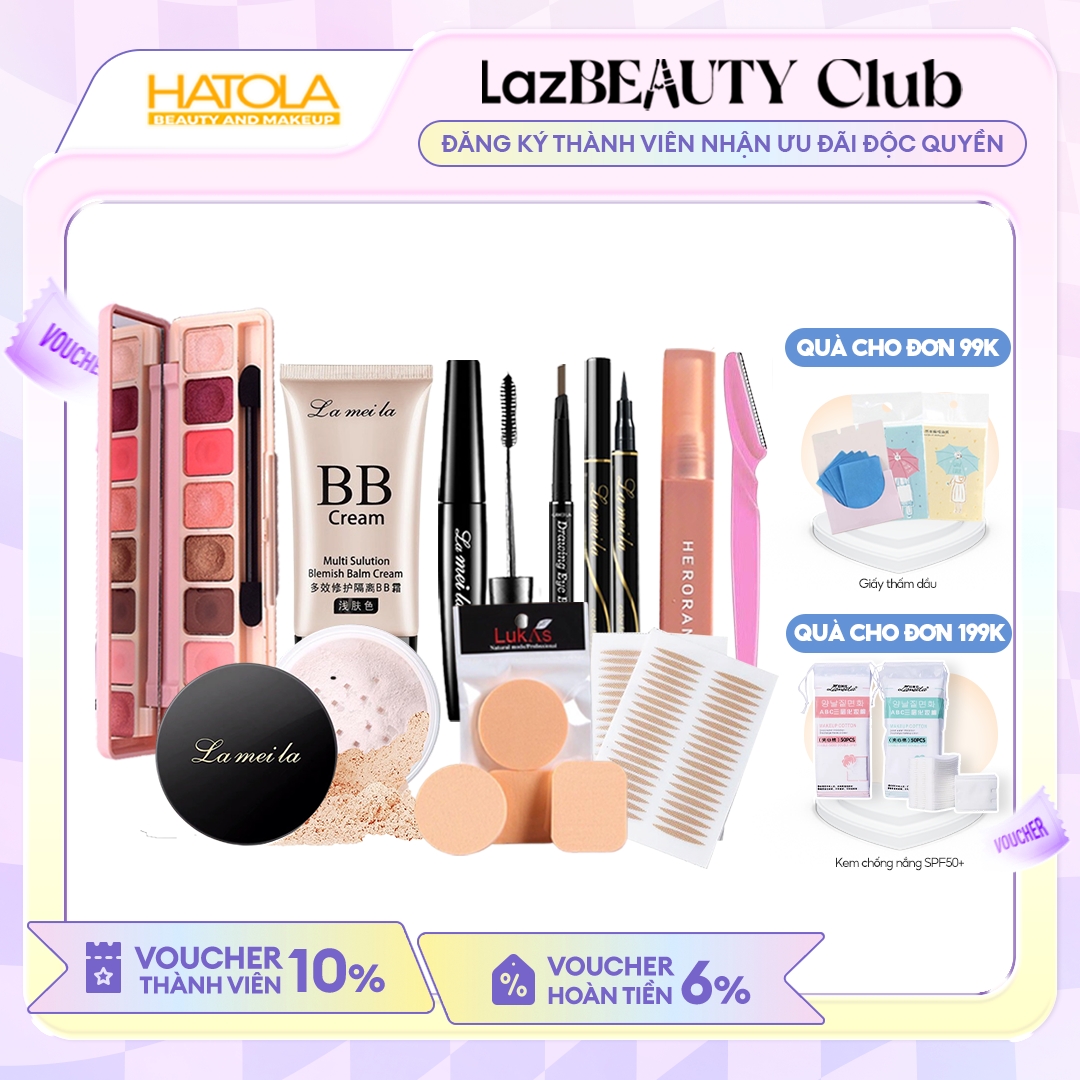 Bộ trang điểm đầy đủ 10 món Kem BB Phấn Phủ Phấn mắt Mascara Chì kẻ mày Bút dạ kẻ mắt Son kem Bộ trang điểm cơ bản dành cho người mới học trang điểm HATOLA