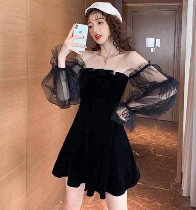 [Mẫu mới] Đầm Xòe Trễ Vai UMI Dày Dặn Phối Voan Lưới Kính Siêu Xinh Trẻ Trung Cực HOT 2020