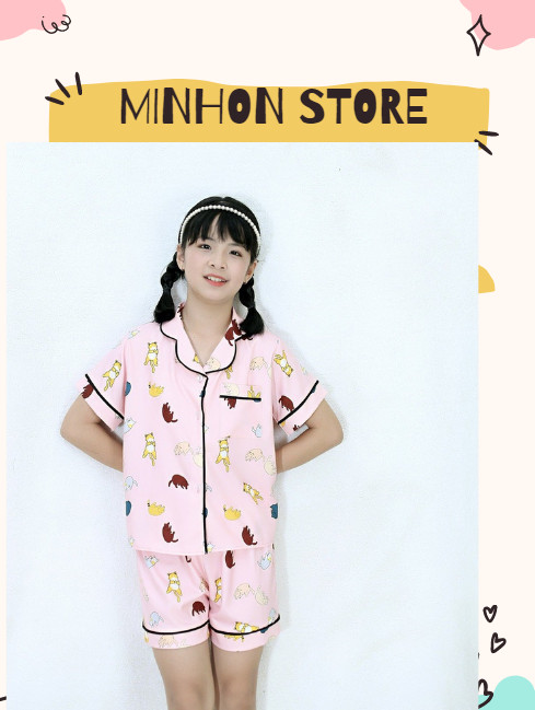 Bộ Quần áo Pijama, Bộ đồ ngủ Cộc Tay Chất Lụa Hàn Họa tiết dễ thương cho Bé từ 8- 16 tuổi 0231