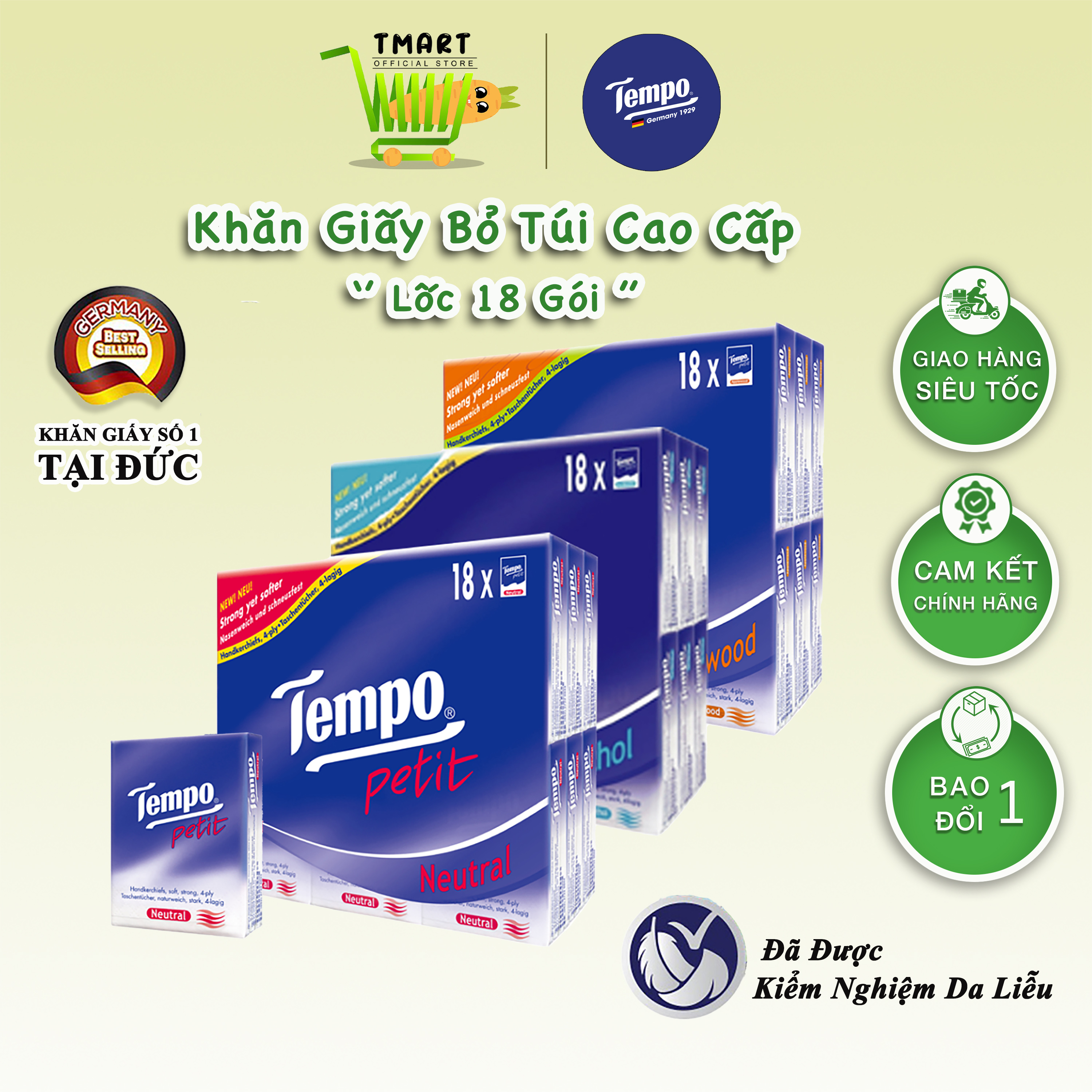 Lốc 18 Gói Khăn giấy bỏ túi cao cấp Tempo Petit - 4 lớp bền dai - Thương hiệu Đức