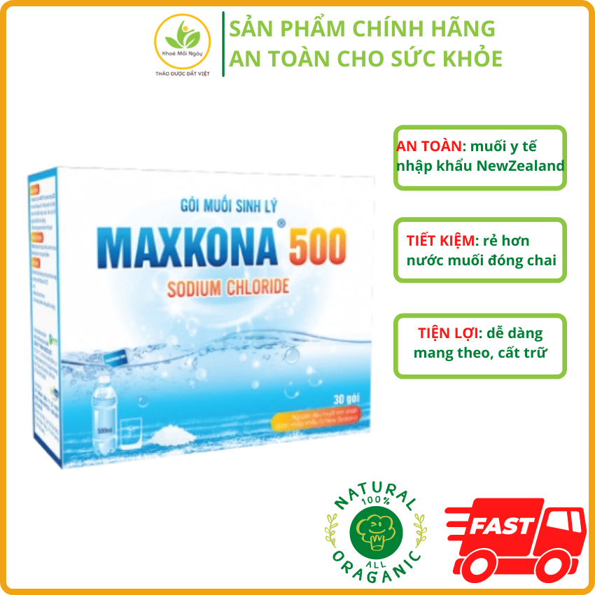 Hộp 30 gói muối sinh lý tinh khiết Maxkona - MU01, dùng pha nước muối sinh lý súc họng, rửa mũi ngăn ngừa virus xâm nhập, làm giảm viêm xoang, sạch da hết mụn - Thảo Dược Đất Việt