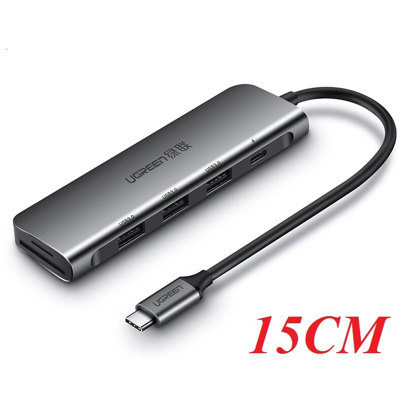 Ugreen 50598 15cm màu xám bộ chuyển đổi type c sang 2 usb 3.0 + tf sd + nguồn type c cm195