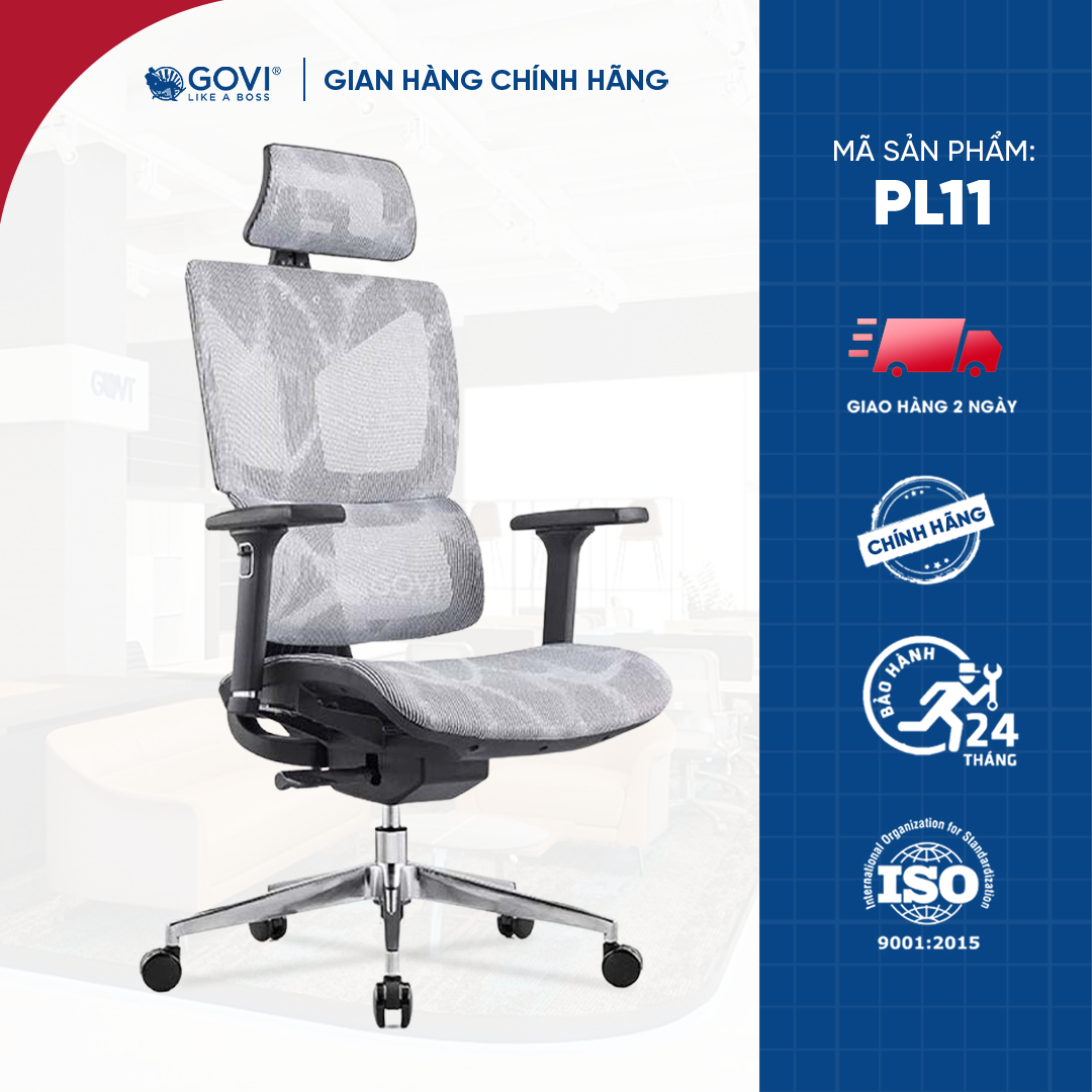 Ghế công thái học Ergonomic GOVI Plato PL11 - Thiết kế tựa đầu điều chỉnh độ cao, tựa tay 3D nâng hạ, ngả lưng 90- 135 độ
