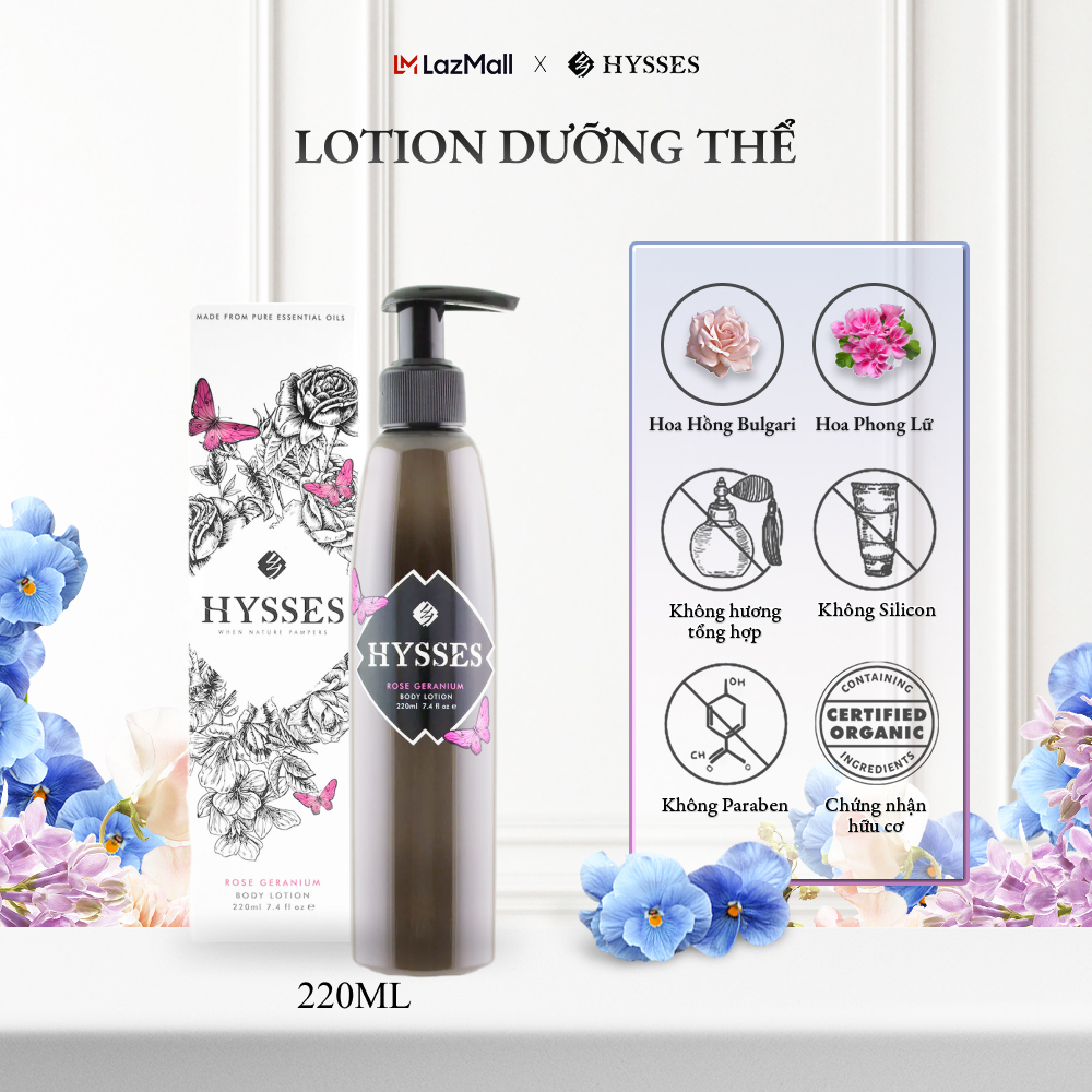 Sữa Dưỡng Thể Cao Cấp Hysses Body Lotion Giúp Dưỡng Ẩm Chuyên Sâu, Chống Lão Hóa, Giảm Nếp Nhăn Với Tinh Dầu Hoa Hồng và Hoa Phong Lữ Hữu Cơ Tự Nhiên